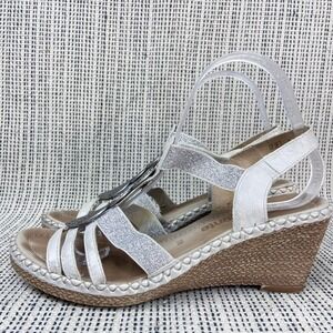 Remonte Wedge Sandals Sz 39 Silver Strappy Espadrille Glitter Resort Cruise Glam